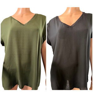 Women's Worthington Olive Green Black V-Neck Silky Tee Sz L 2 Pc Bundle Normcore